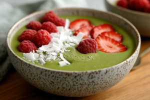 Smoothie-Bowl mit Matcha und roten Früchten