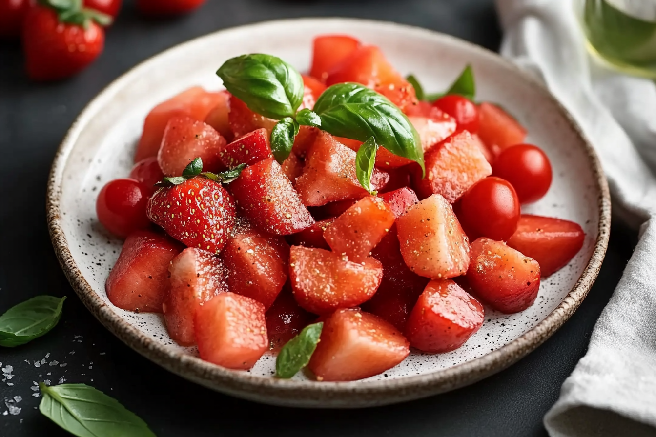 Frischer Wassermelonen-, Erdbeer- &amp; Kirschtomatensalat – Sommerliche ...
