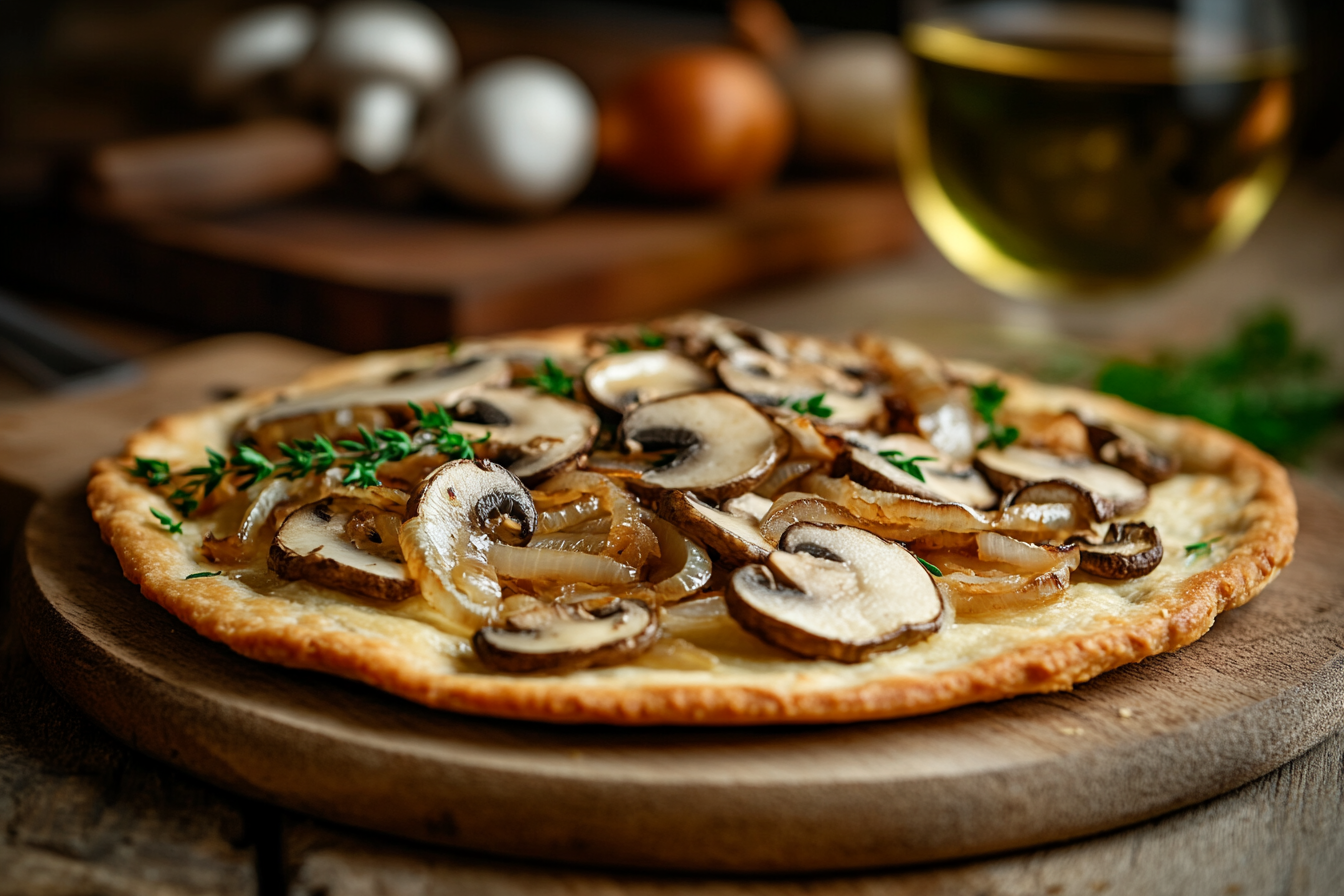 Flammenkuchen mit Pilzen – Elsässischer Genuss in veganer Variante