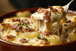 Veganes Tartiflette mit Cashewkäse und Fondantkartoffeln