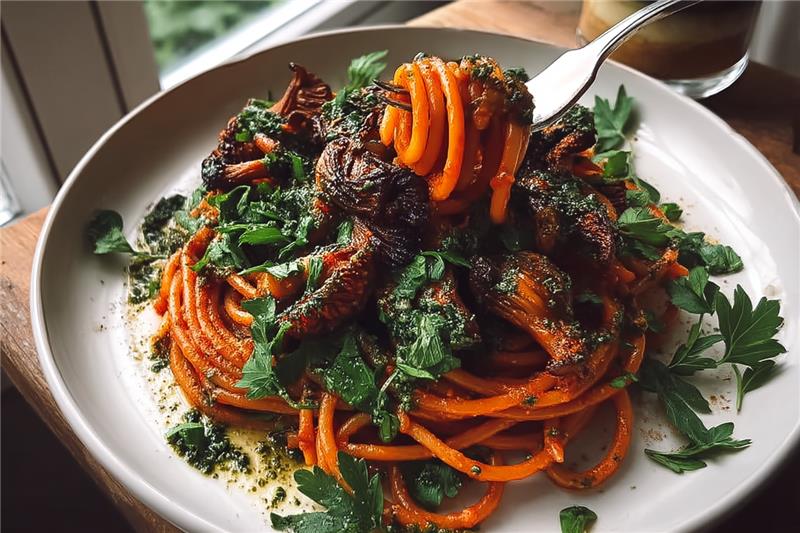Pasta mit Butterbohnen, Harissa und goldenen Champignons