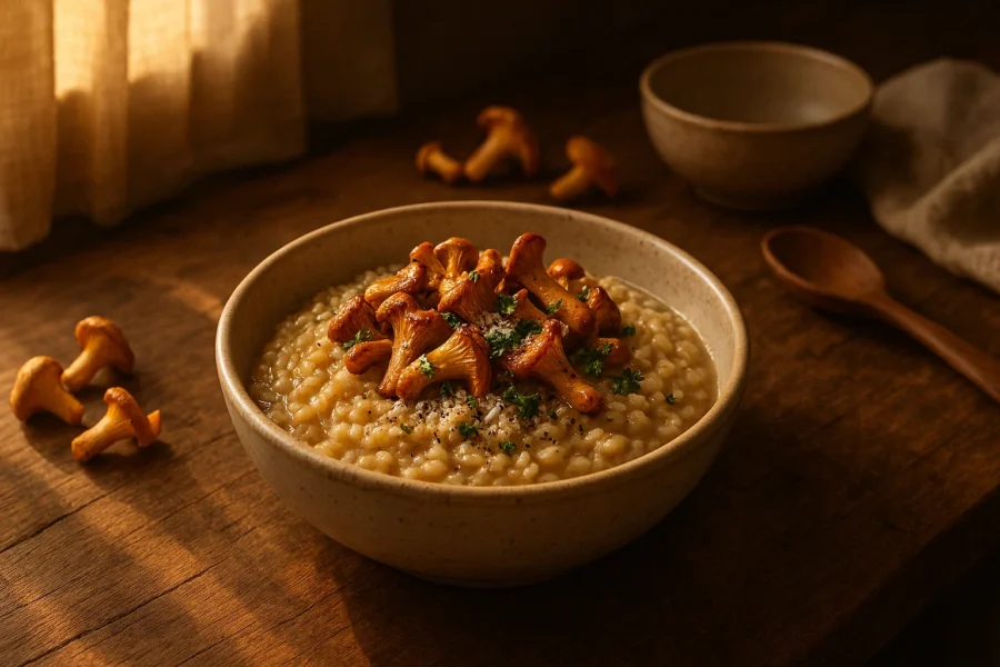 Dinkelrisotto mit Pfifferlingen und veganem Parmesan