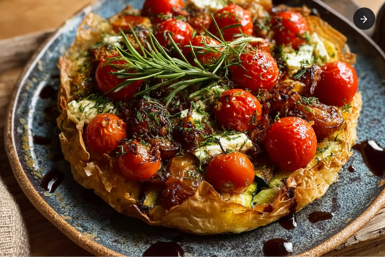 Knusprig-weicher Filoteig mit Tomaten, Zucchini und Feta