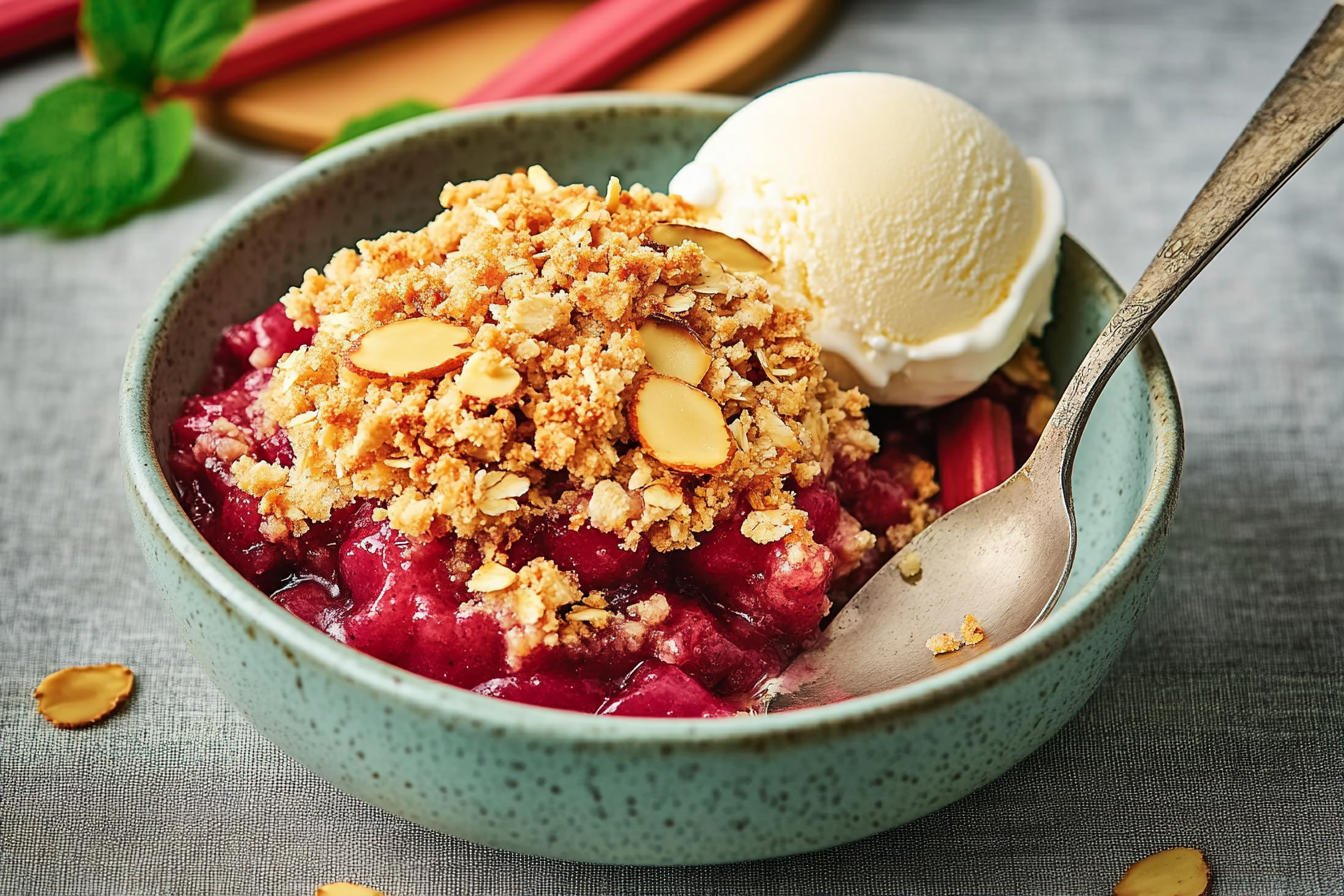 Kandierter Rhabarber-Crumble mit Orange &amp; Ingwer – Veganes Frühlingsdessert