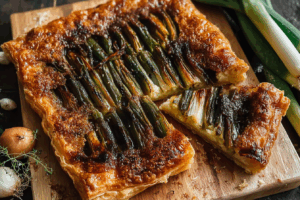 Feiner Tarte mit Frühlingszwiebeln und Hummus