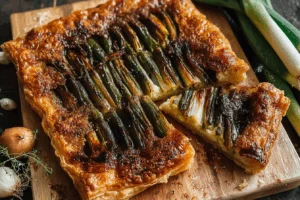 Feiner Tarte mit Frühlingszwiebeln und Hummus