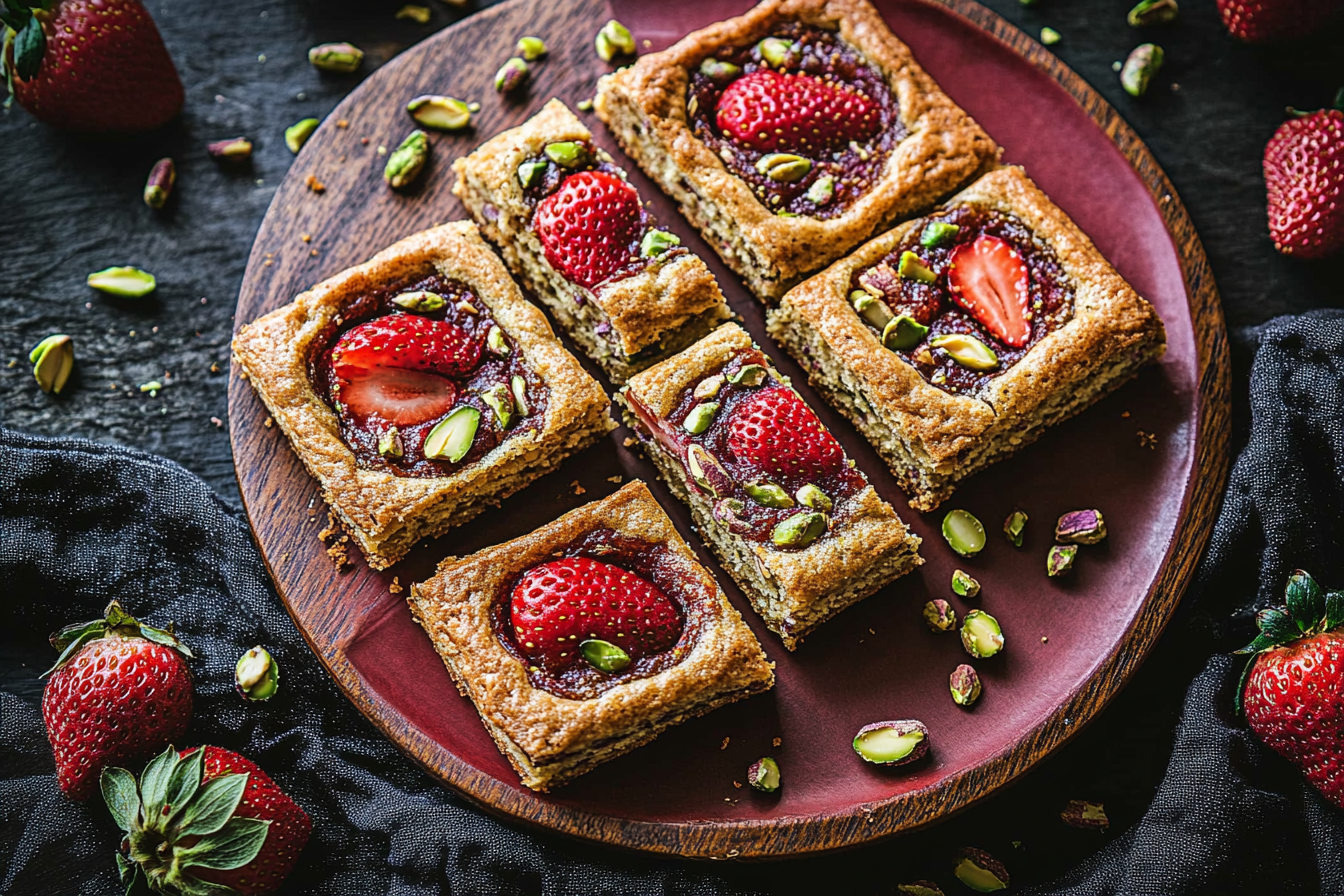 Vegane Financiers mit Pistazien und gerösteten Erdbeeren