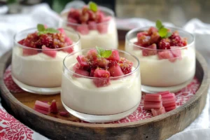 Vegane Vanillecreme, geröstete Erdbeeren und Rhabarber