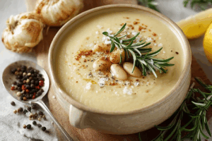 Weiße Bohnenvelouté mit Zitrone und geröstetem Knoblauch