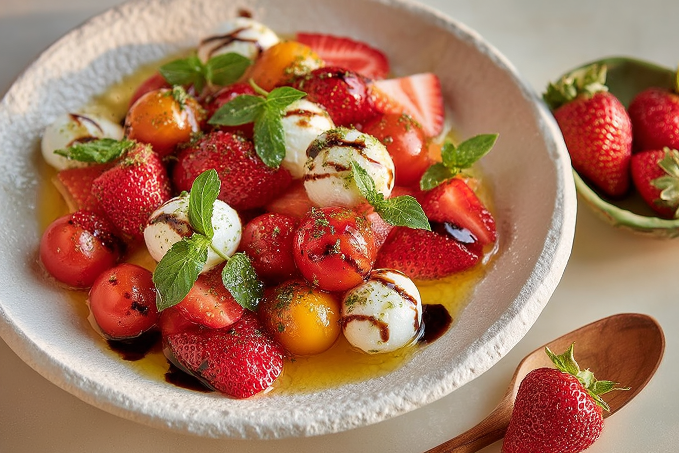 Vegane Caprese mit Erdbeeren &amp; Vanilleöl – Sommerrezept