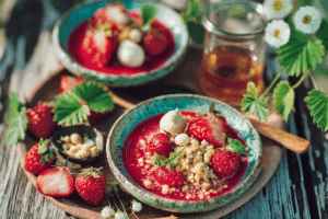 Erdbeeren in frischem Coulis & knusprigem Haselnuss-Crumble