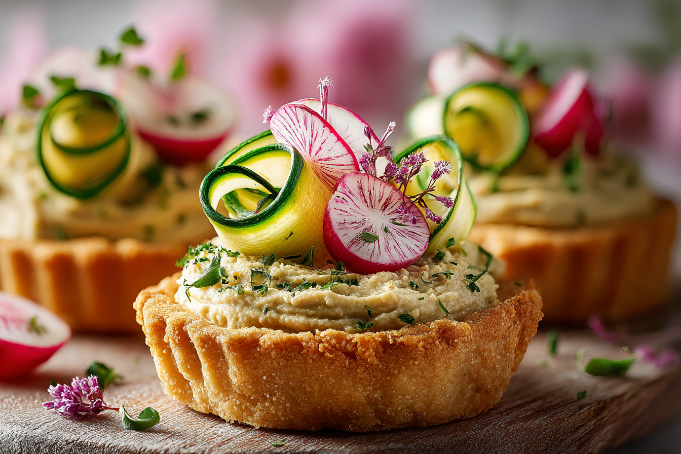 Frühlings-Törtchen mit Hummus, knackigen Radieschen und marinierten Zucchini 🌿