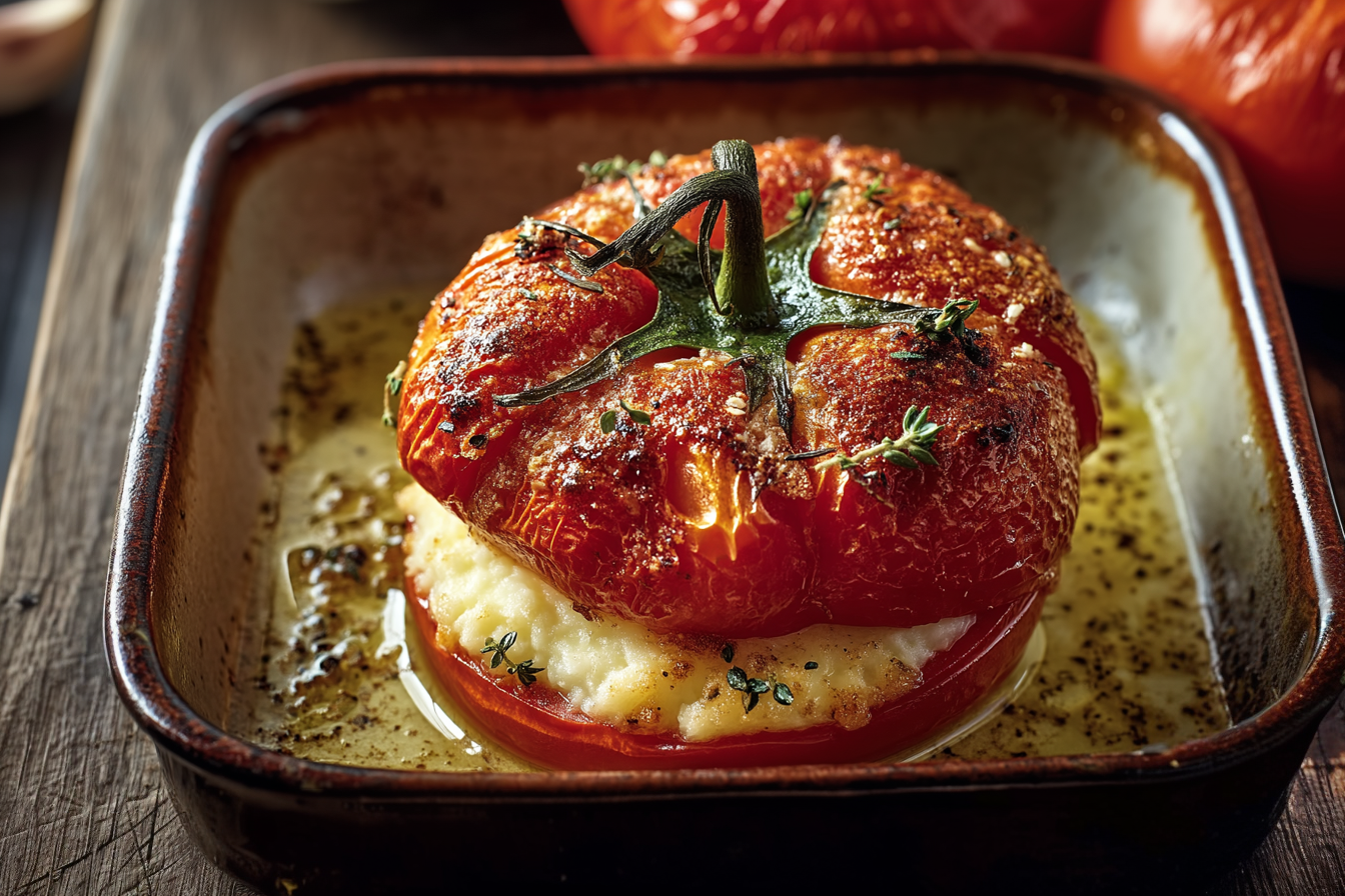 Mit Knoblauchpüree und Kartoffeln gefüllte Tomaten