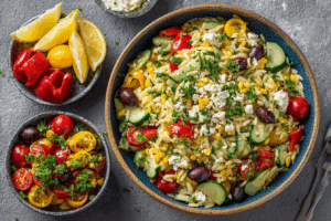 Griechischer Orzo-Salat (100 % pflanzlich, 100 % Sonnenschein 🌞)