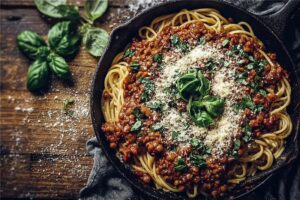 Spaghetti Bolognese mit Linsen und Sellerie