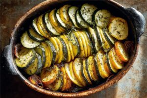 Tian aus gelben und grünen Zucchini: Ein Gemüsegericht, kandiert und voller Sonnenschein