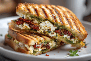 Veggie-Croque-Monsieur mit Pesto, getrockneten Tomaten & Gemüse-Feta
