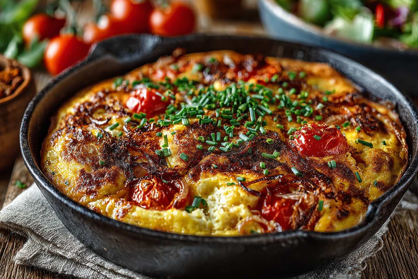 Vegane Frittata mit Tomaten, Zwiebeln und Schnittlauch