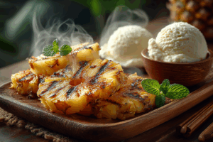 Ananas grillé et glace vanille à la noix de coco