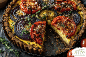 Kurkuma-, Tomaten- und rote Zwiebel-Quiche (glutenfrei & vegan)
