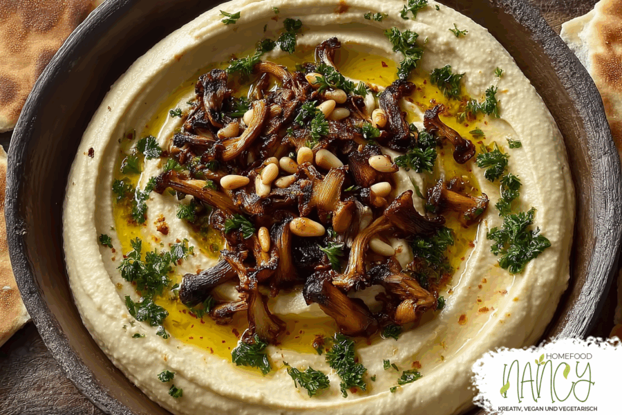Gourmet-Hummus mit gerösteten Champignons und Pinienkernen