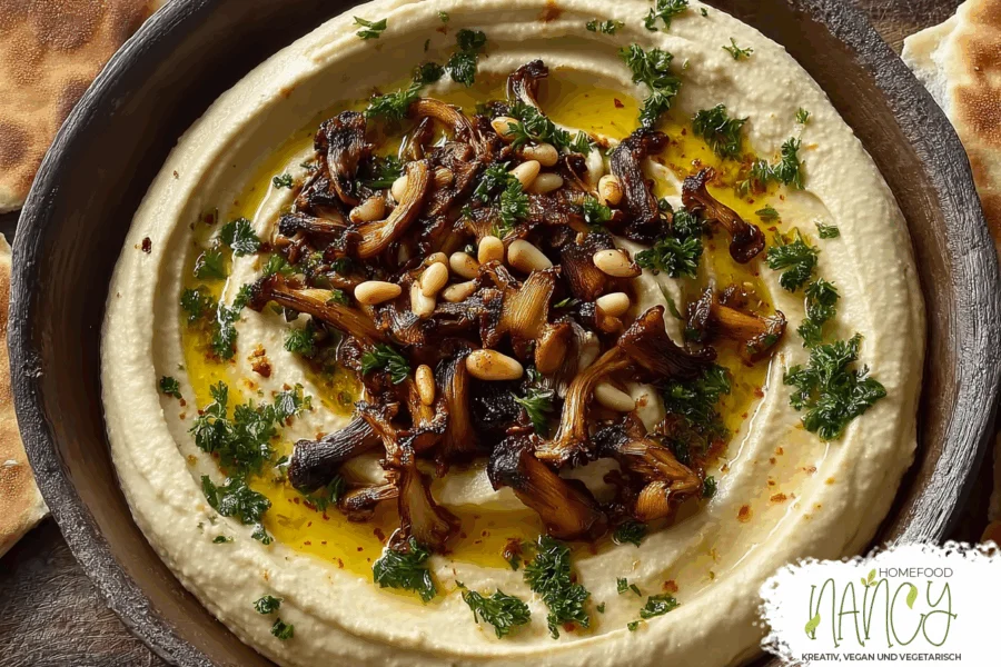 Gourmet-Hummus mit gerösteten Champignons und Pinienkernen