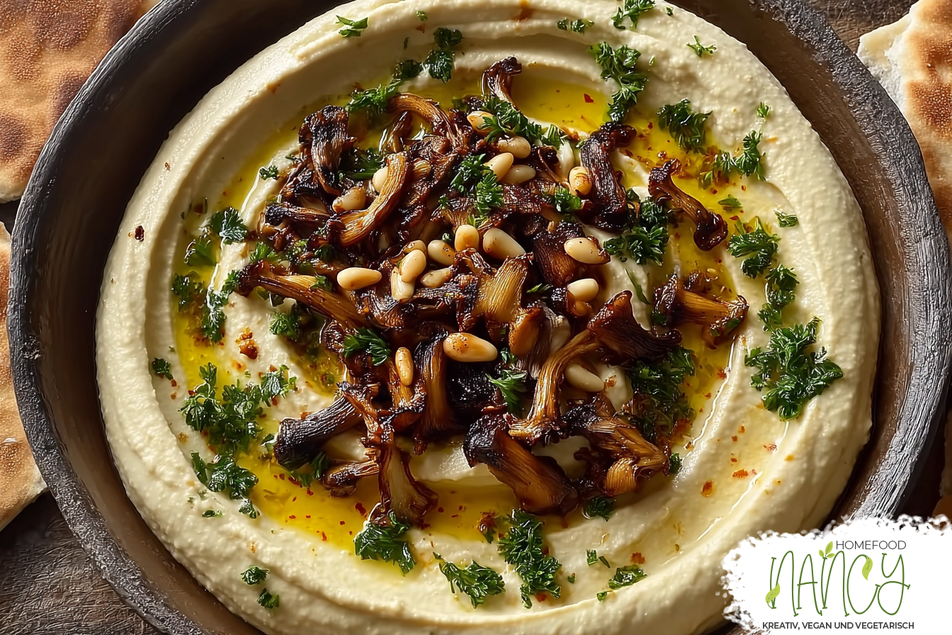 Gourmet-Hummus mit gerösteten Champignons und Pinienkernen
