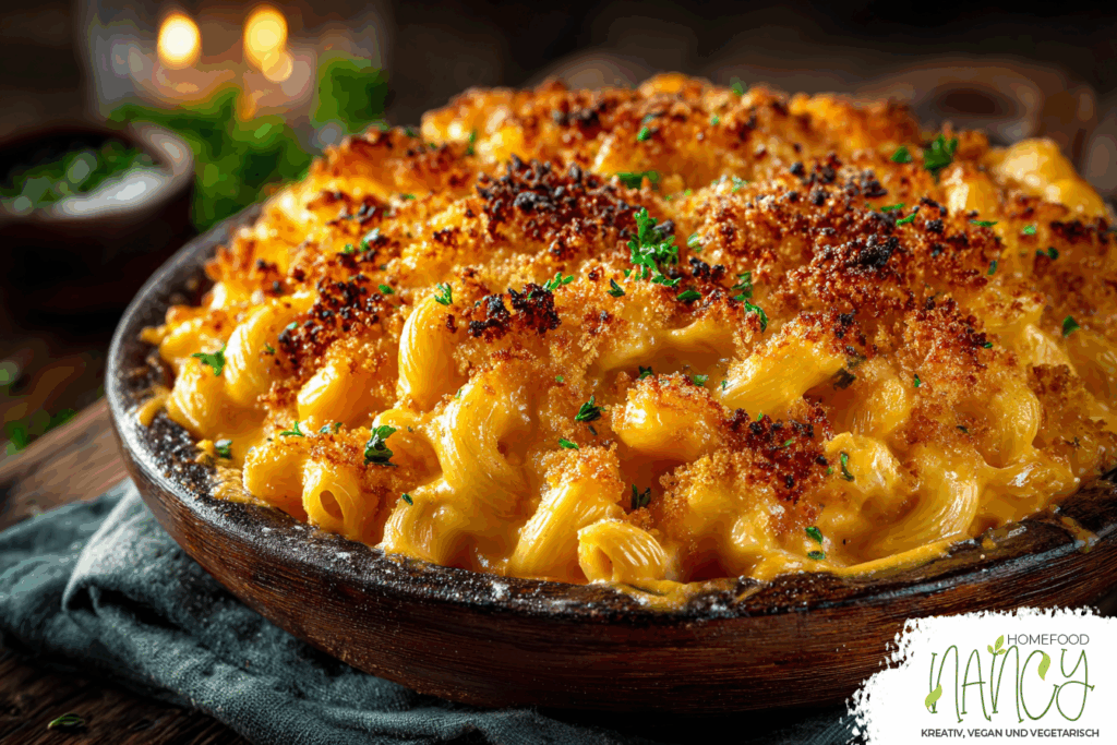 Cremiger veganer Mac and Cheese mit knuspriger goldener Panko-Kruste