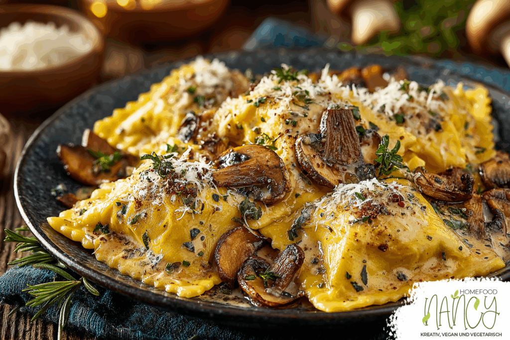 Vegane Kürbisravioli mit Pilzen und cremiger Käsesauce auf Teller
