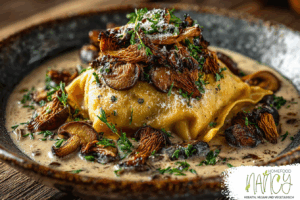 Zarte Kürbismaultaschen in cremiger Cèpes-Sauce