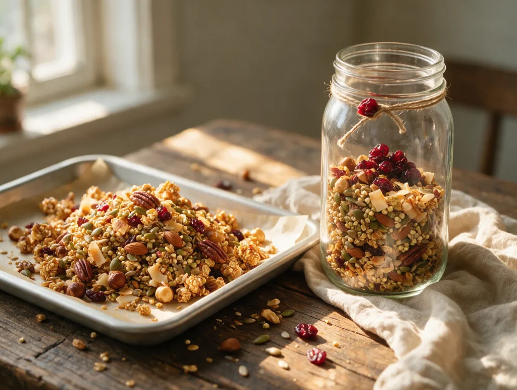 Selbstgemachtes Granola mit Nüssen, Kernen und Cranberries auf dem Blech und im Glas