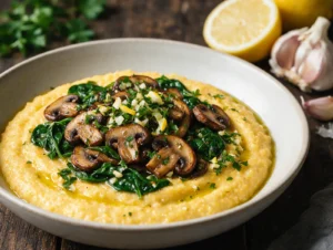 Cremige vegane Polenta mit Champignons, Spinat und Gremolata