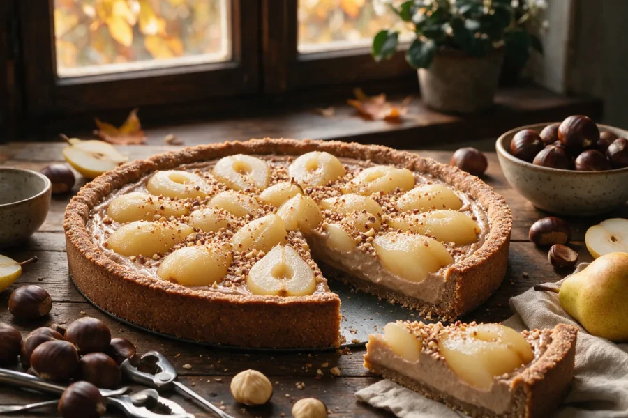 Vegane Birnen-Maronen-Tarte mit Kastanienmehl
