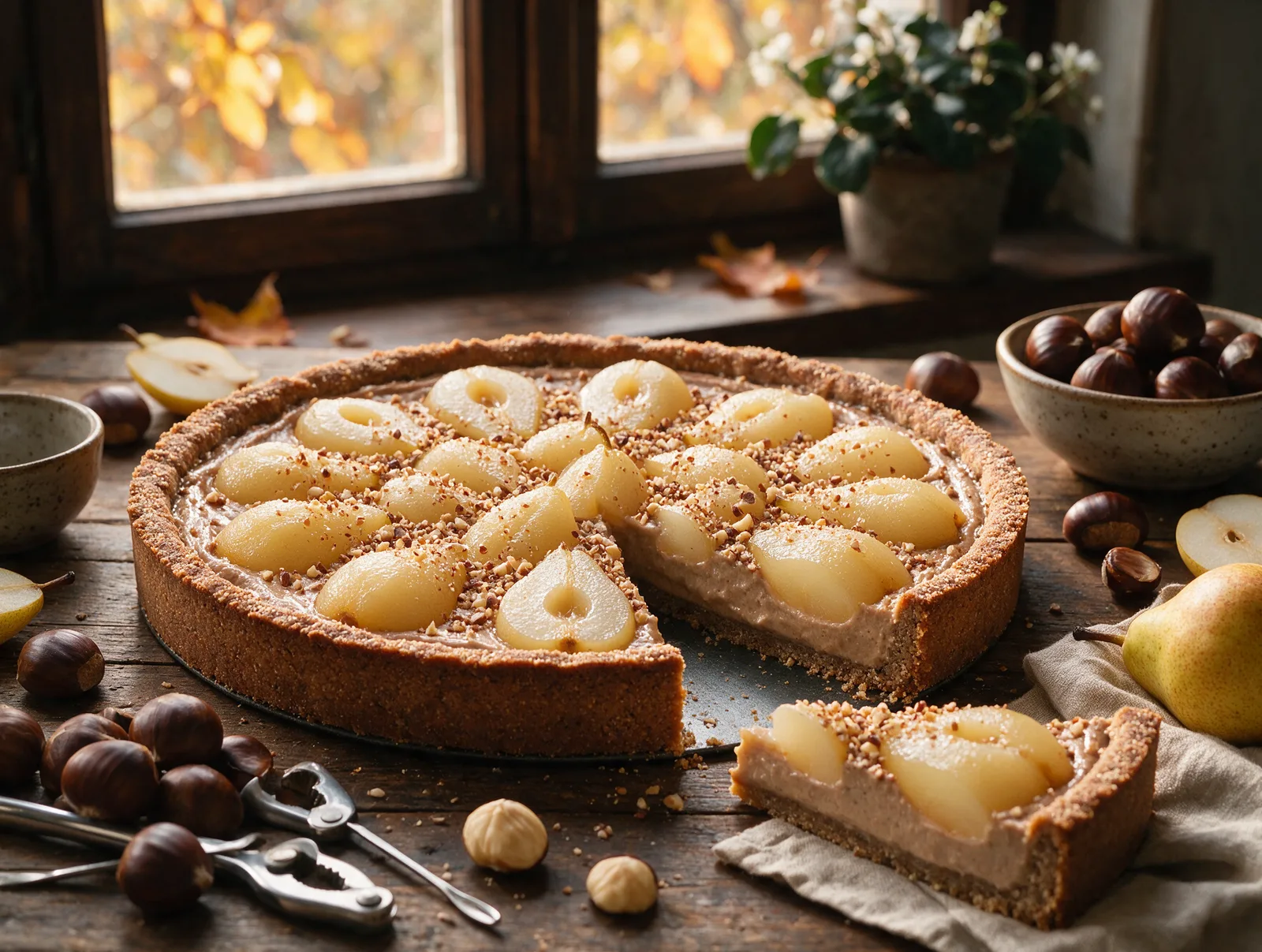 Vegane Birnen-Maronen-Tarte mit Kastanienmehl
