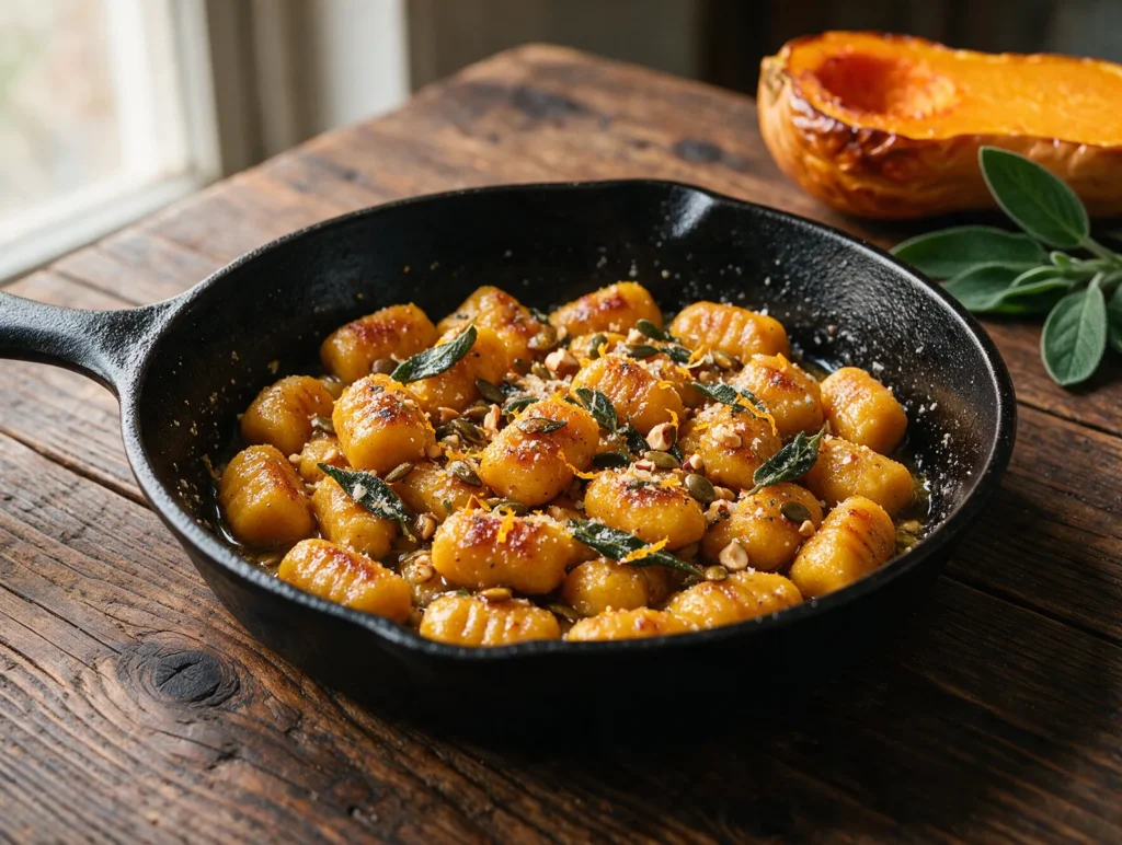 Goldbraun gebratene Kürbis-Gnocchi mit knusprigem Salbei und Kürbiskernen