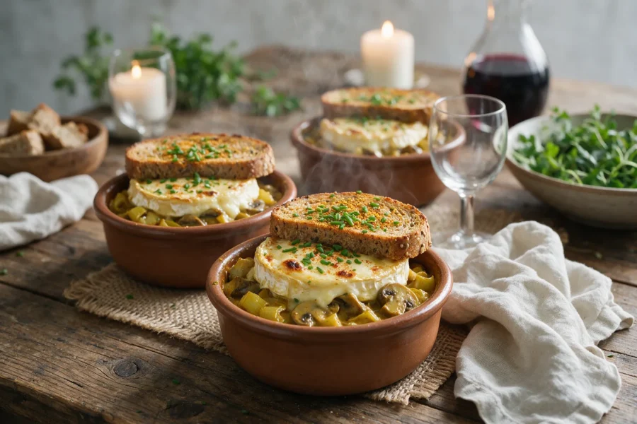 Vegane Lauch-Pilz-Cocotte mit Camembert