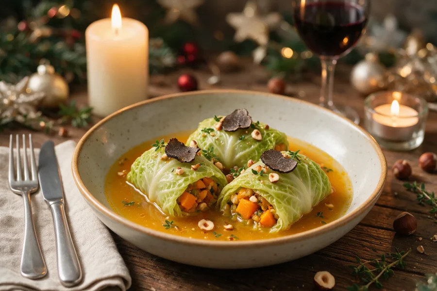 Vegane Wirsingrouladen mit Kürbis, Haselnuss & Trüffel