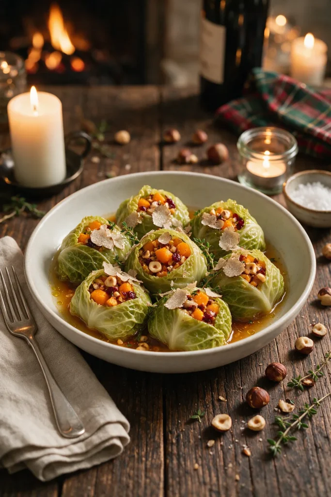 Vegane Wirsingrouladen mit Kürbis und Haselnuss – Weihnachtsrezept