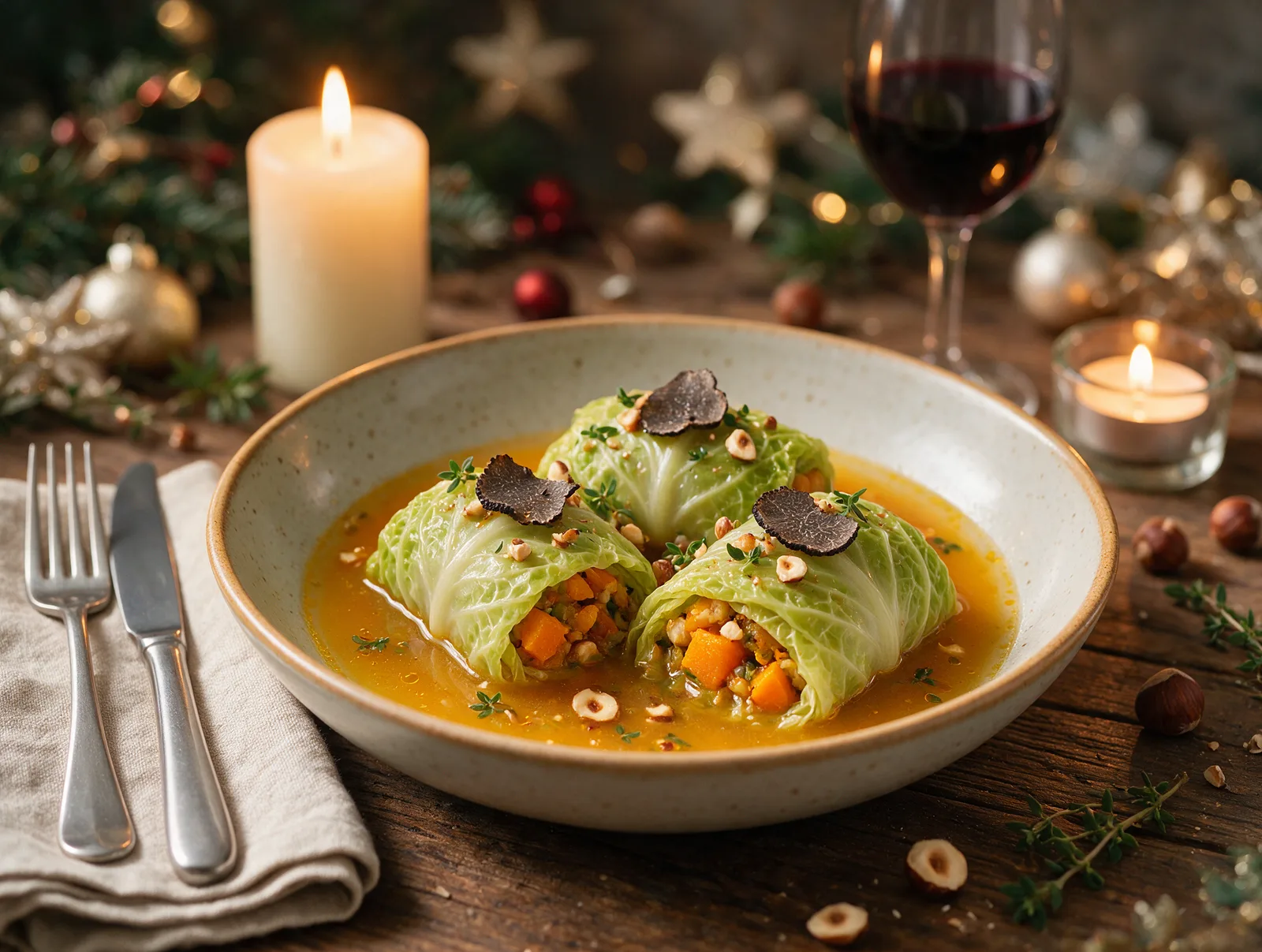Vegane Wirsingrouladen mit Kürbis, Haselnuss & Trüffel