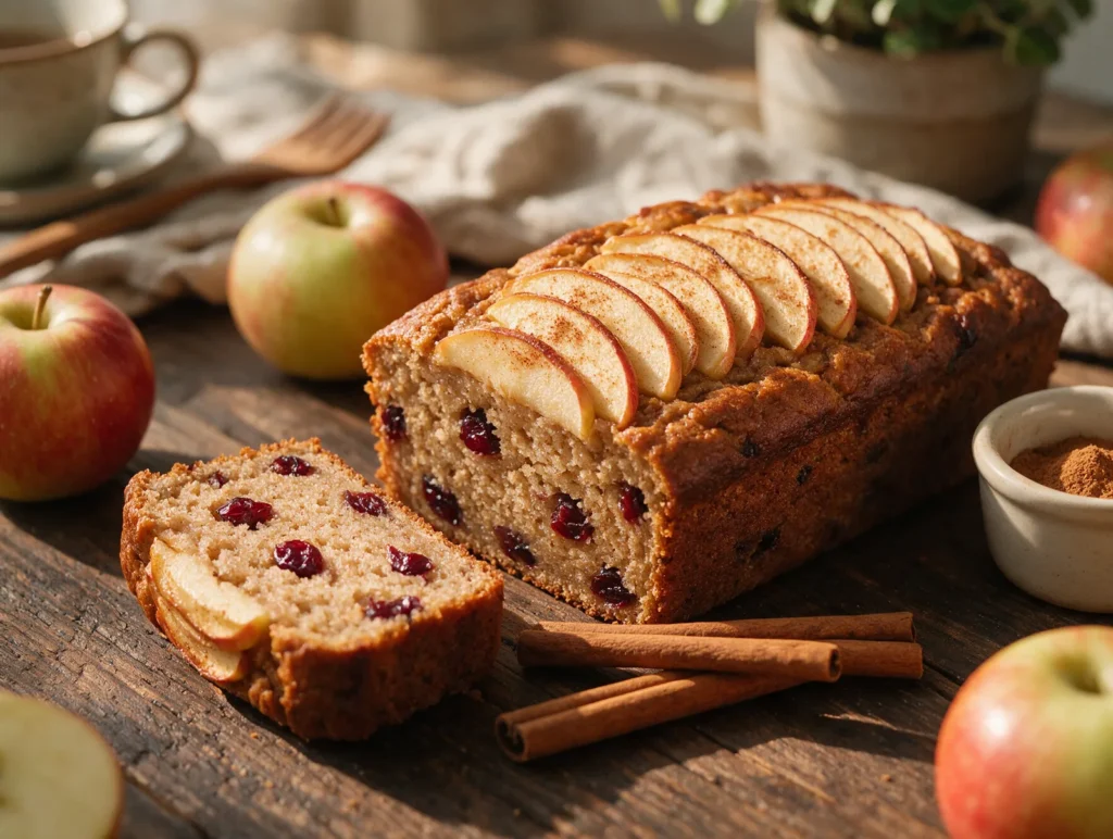Angeschnittenes veganes Apfel-Zimt-Bananenbrot mit Apfelscheiben und Cranberries