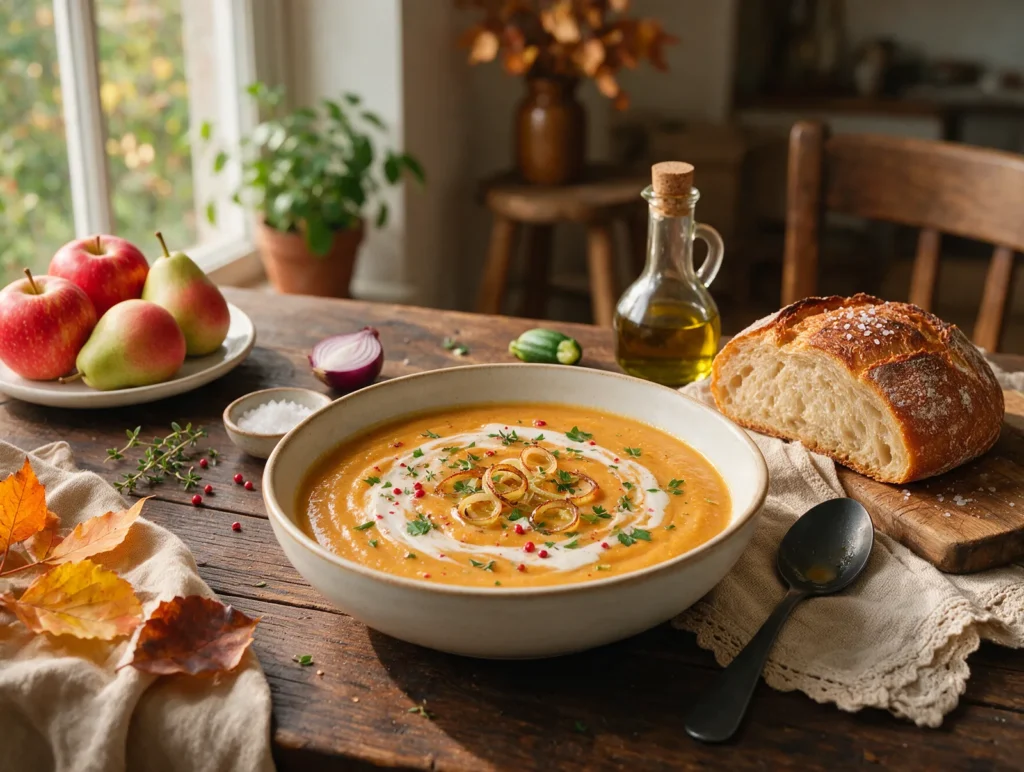 Cremige Süßkartoffel-Lauch-Suppe mit Kokos und rosa Pfeffer in einer Schüssel